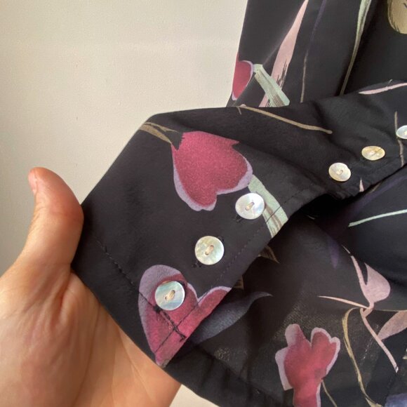 🍂90s Vintage Black Purple  Floral Maxi Dress Short Sleeves Mother-of-Pearl - Picture 3 of 7